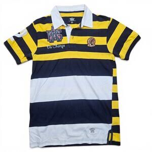 HUSTLE GANG Rugby Polo Shirt Mens M Yellow Navy Striped Patch Hip Hop Streetwear